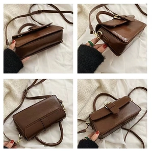 Detailed four-angle view of a vintage dark brown leather handbag with metal buckle accents