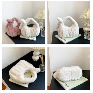 Plush faux fur handbag with ruffle texture and knot handle in pink and beige colors