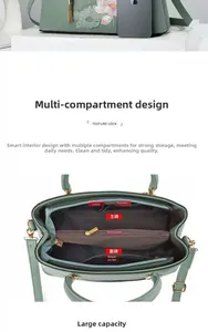 Detailansicht der grünen Lotos-Handtasche mit mehrteiligem Innenleben und Blumenstickerei
