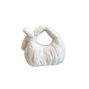 Winter fluffy white faux fur handbag with ruched texture and cute knotted handle design