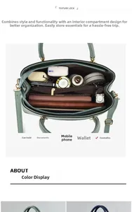 Innenstruktur der grünen Handtasche mit Mehrfachfach-Aufbewahrung und Reißverschluss