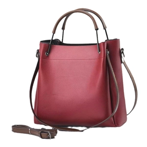 Vintage large capacity burgundy tote bag with litchi grain leather and round brown handles