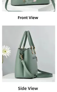 Detaillierte Vorder- und Seitenansicht einer mintgrünen Tasche mit Stickerei