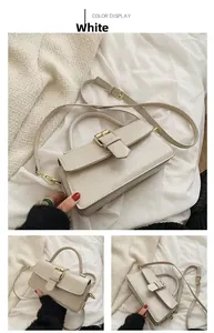 Three views of a white PU leather handbag showing front flap and gold metal hardware
