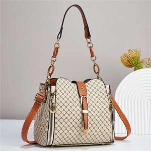 Detail of vintage beige bucket bag with brown lattice pattern and golden metal buckle