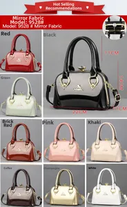 Glossy mirror leather handbag grid showing nine available colors with metal chain
