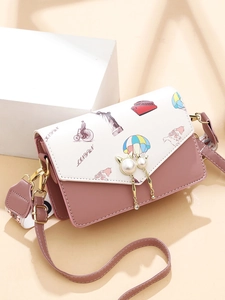 Women's Fashion PU Leather Shoulder Bag Color Blocking Retro Travel Print Artificial Pearl Cat Buckle Small Square Crossbody Bag Double Straps