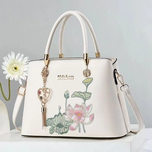 Chinesischer Stil Lotus Stickerei PU Leder Handtasche Damen Elegante Henkeltasche Mit Herz Quaste Umhängetasche