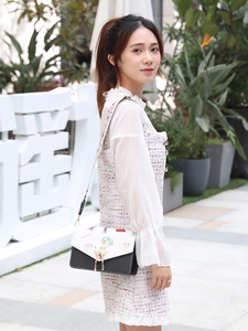 Chic monochrome crossbody bag with vintage illustrations and elegant pearl cat clasp decoration