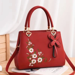 Women Floral Embroidered Handbag PU Leather Top Handle Bag With Heart Shaped Buckle Crossbody Shoulder Bag Office Daily