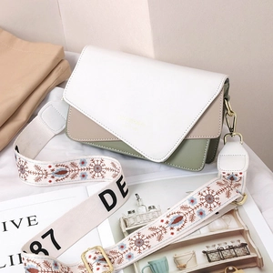 Three-color patchwork crossbody bag in white and khaki with embroidered wide strap