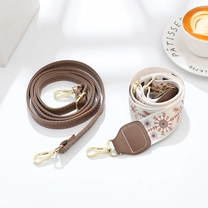 Adjustable brown PU leather and jacquard snowflake patterns bag straps with gold hardware
