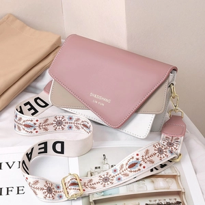 Fashion Women PU Leather Crossbody Bag Color Block Flap Shoulder Bag With Wide Embroidered Strap Sweet Style Trendy