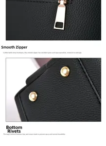 Détails de la fermeture éclair dorée et des clous de protection sur sac en cuir noir