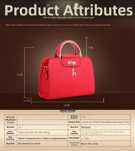 Detail showing dimensions of red striped PU handbag with deer charm and dual compartments