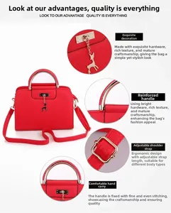 Detail of red faux leather handbag showing deer charm, gold hardware and fine stitching