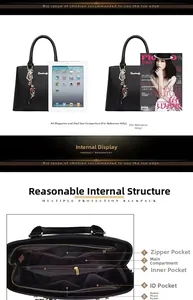 Détails de l'intérieur spacieux d'un sac à main noir montrant cinq compartiments pratiques