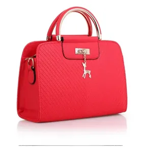 Red PU leather square handbag featuring fine diagonal texture and a deer charm pendant