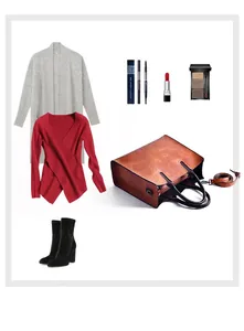 Plano detalle de bolso tote marrón con cárdigan gris, punto rojo y botines negros de moda