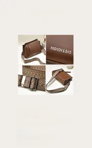 Detail view of brown leather bag with geometric pattern wide strap and logo print
