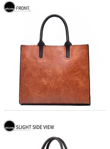 Vista frontal y lateral de un gran bolso tote de cuero marrón con asas en contraste