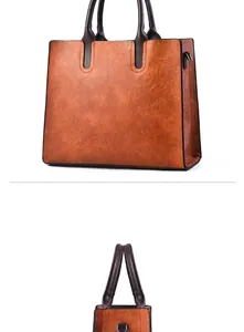 Vistas frontal y lateral de un bolso vintage de cuero marrón con asas de café oscuro