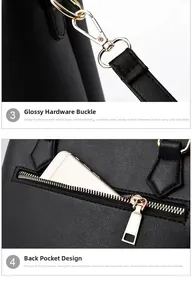 Détail du sac en cuir noir avec texture grainée, matériel doré et poche arrière sécurisée