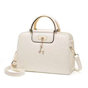 Elegant white crossbody bag with V-quilted faux leather and golden deer charm