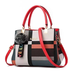 Women Plaid PU Leather Handbag Color Block Shoulder Bag With Fur Ball Pendant Elegant Fashion Crossbody Bag