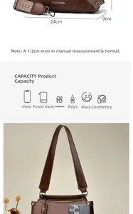 Detail showing 24cm width and 9cm depth capacity of the brown crossbody half-moon bag