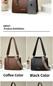 Detail of minimalist tote bags in coffee and black with ethnic embroidered shoulder strap