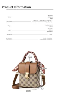 Detail showing vintage mini crossbody bag dimensions with brown patchwork and silk scarf