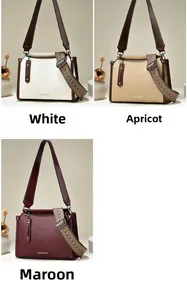 Three leather crossbody bags in white, apricot, and burgundy with stylish woven straps