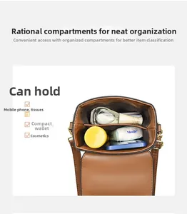 Interior detail of a brown mini crossbody bag showing multiple organized compartments