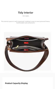 Interior view showing multiple compartments and zipper pockets in dark brown leather bag