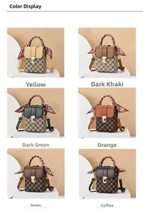 Detailed grid view of mini crossbody bags featuring checkerboard pattern and scarf handles