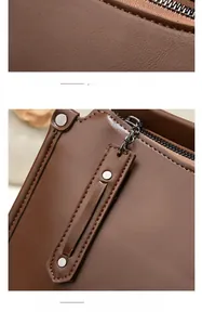 Detail of smooth metal zipper and long leather puller on a dark brown bucket bag