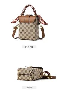 Detailed view of the mini square bag showing the brown checkered pattern and bottom rivets