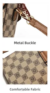 Close-up of golden metal swivel clasp and textured checkered floral woven fabric on a bag