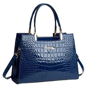 Sac à main bleu foncé pour femme en cuir verni à motif crocodile avec garniture dorée