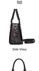 Vue avant et latérale du grand sac cabas marron avec des motifs de lettres vintage