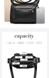 Internal structure of black lychee leather bag showing dual compartments and storage capacity