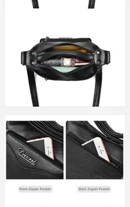 Detail view of multi-compartment black leather bag showing front and back zipper pockets