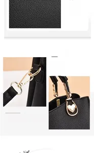 Détails du cuir noir grainé, crochets dorés et pendentif en forme de cœur sur le sac