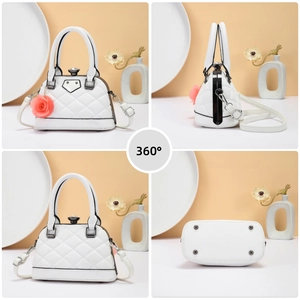 Detailed views of the white quilted leather handbag with 360-degree multi-angle perspective