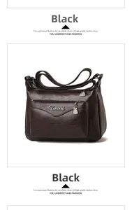 Close-up of textured dark brown faux leather crossbody bag with front zipper and metal logo