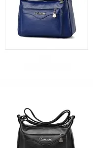 Close-up of texture and metal logo detail on leather shoulder bags in blue and black