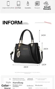 Sac à main noir en cuir PU de 28cm avec détails des dimensions et compartiments
