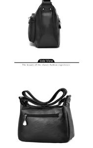 Side view and rear detail of black textured faux leather crossbody bag for middle-aged women