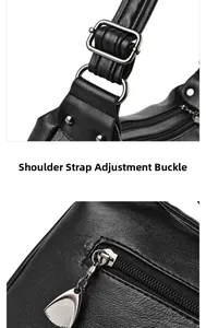 Detail of adjustable shoulder strap buckle and metal zipper on black leather handbag